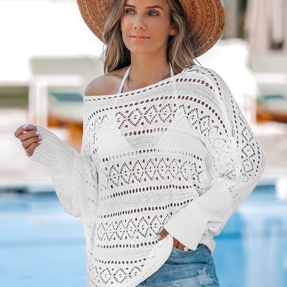 Perforated Knit Boat Neck Gigot Sleeve Cover-Up - Picture 1 of 1